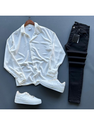 Beyaz Aerobin Keten Oversize Gömlek + Kot Pantolon Kombin